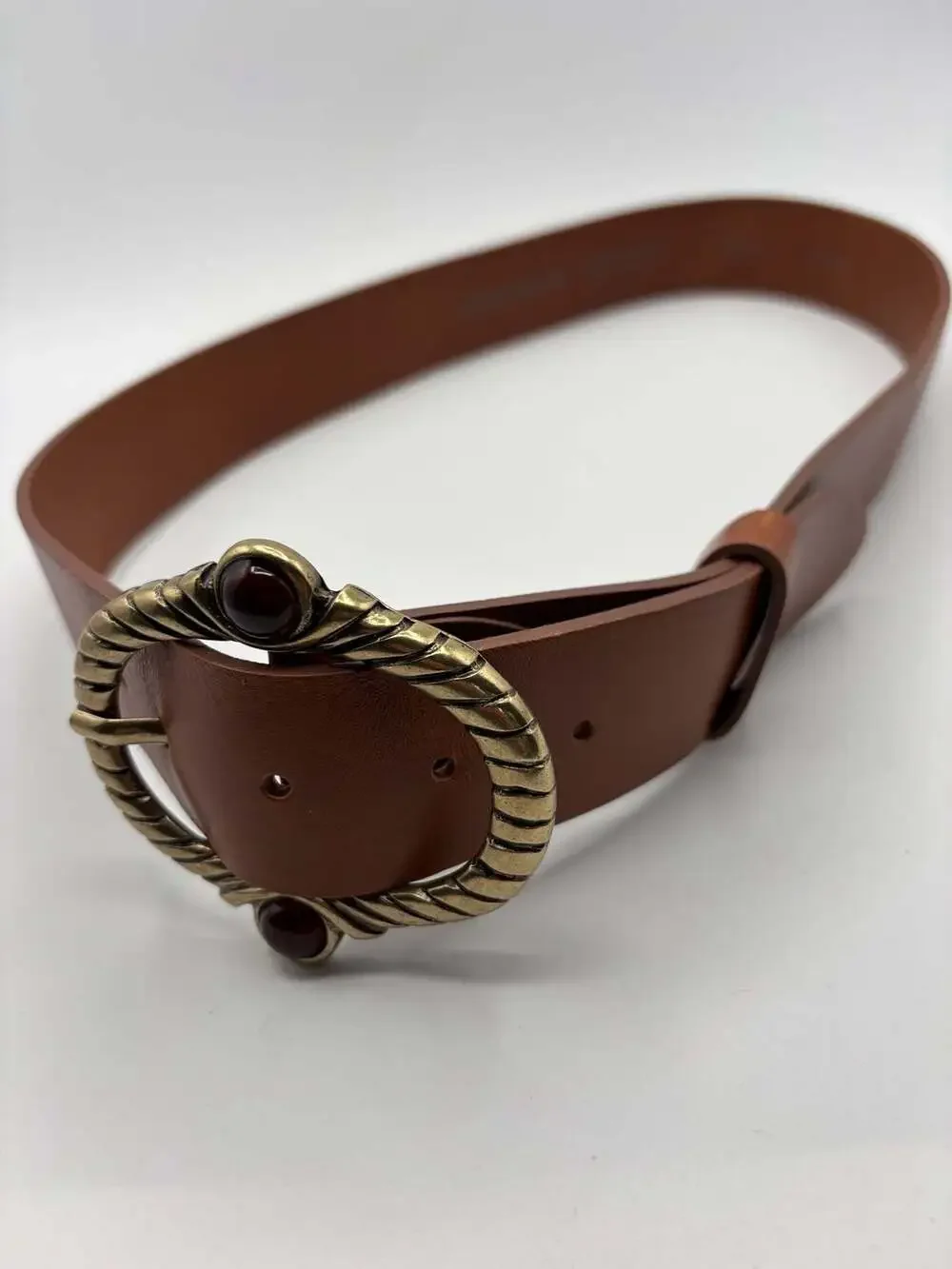 Bronzino Genuine Leather Brown Belt with Ornate Brass and Stone Buckle